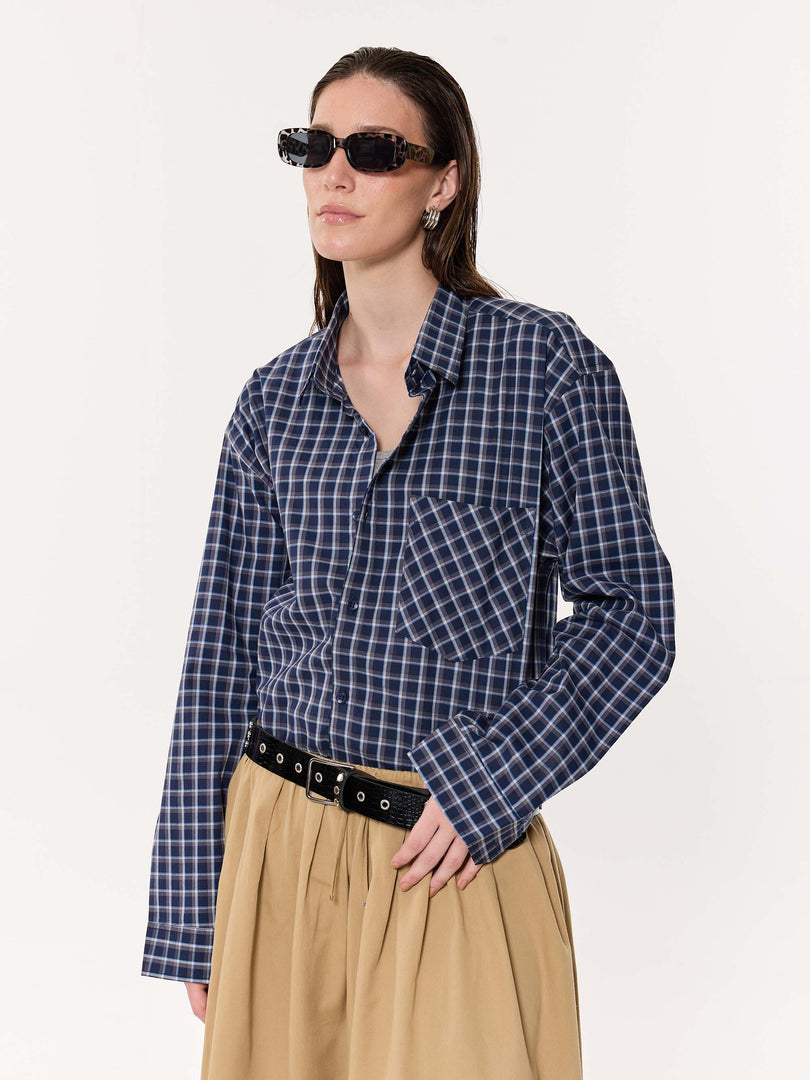 Deep Blue Checkered Oversized Cropped Shirt