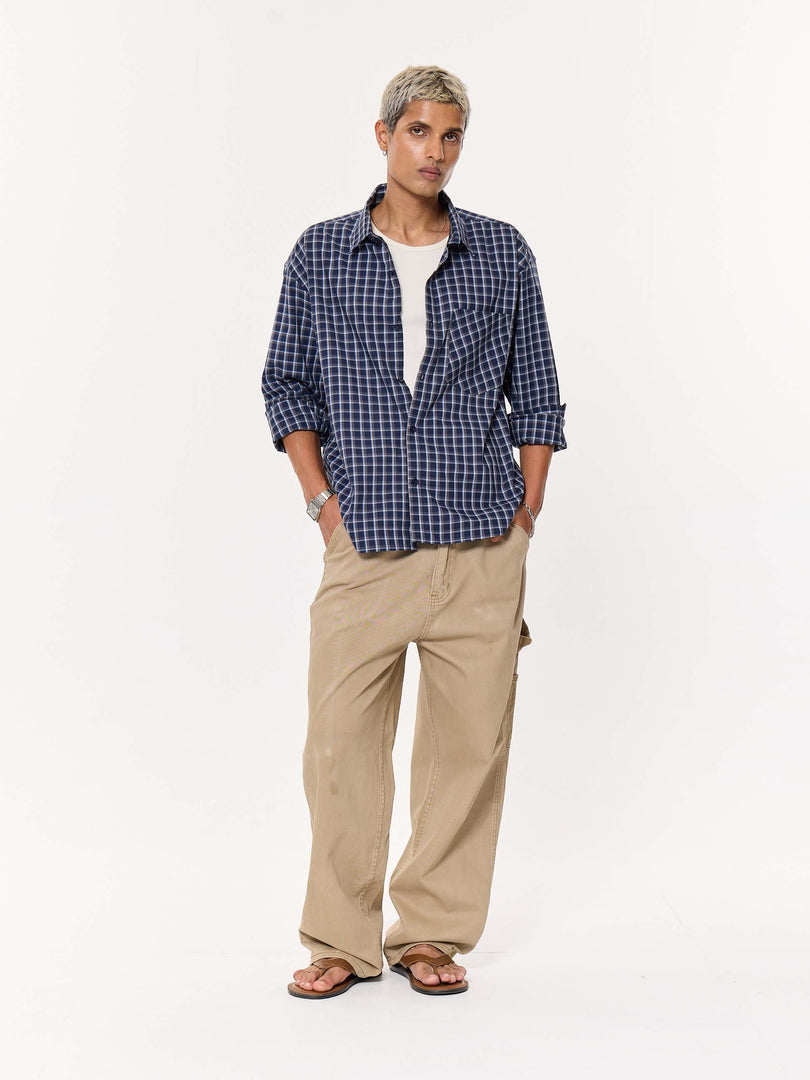 Deep Blue Checkered Oversized Cropped Shirt