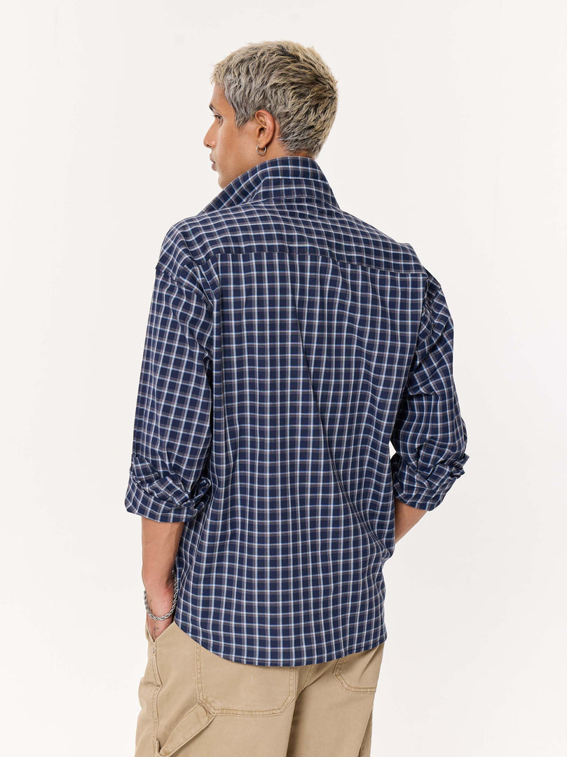 Deep Blue Checkered Oversized Cropped Shirt