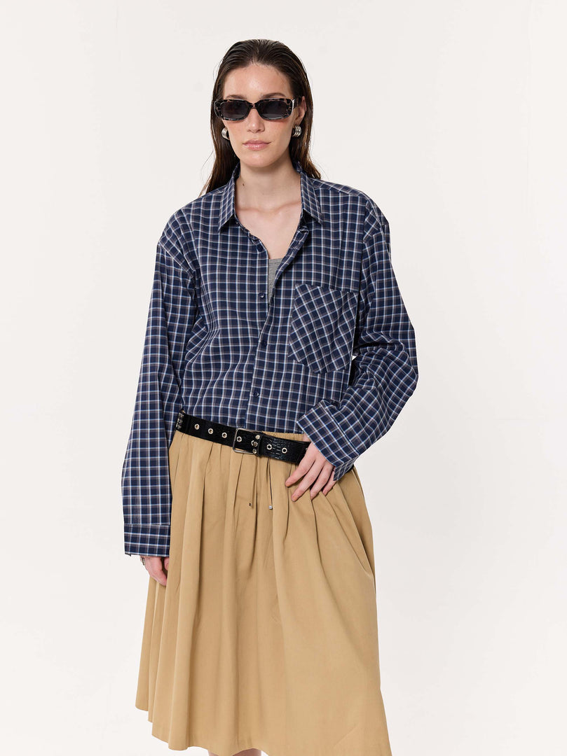 Deep Blue Checkered Oversized Cropped Shirt
