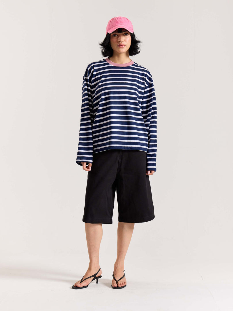 Deep Navy & White Striped Loose Fit Cropped T-Shirt