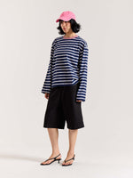 Load image into Gallery viewer, Deep Navy &amp; White Striped Loose Fit Cropped T-Shirt