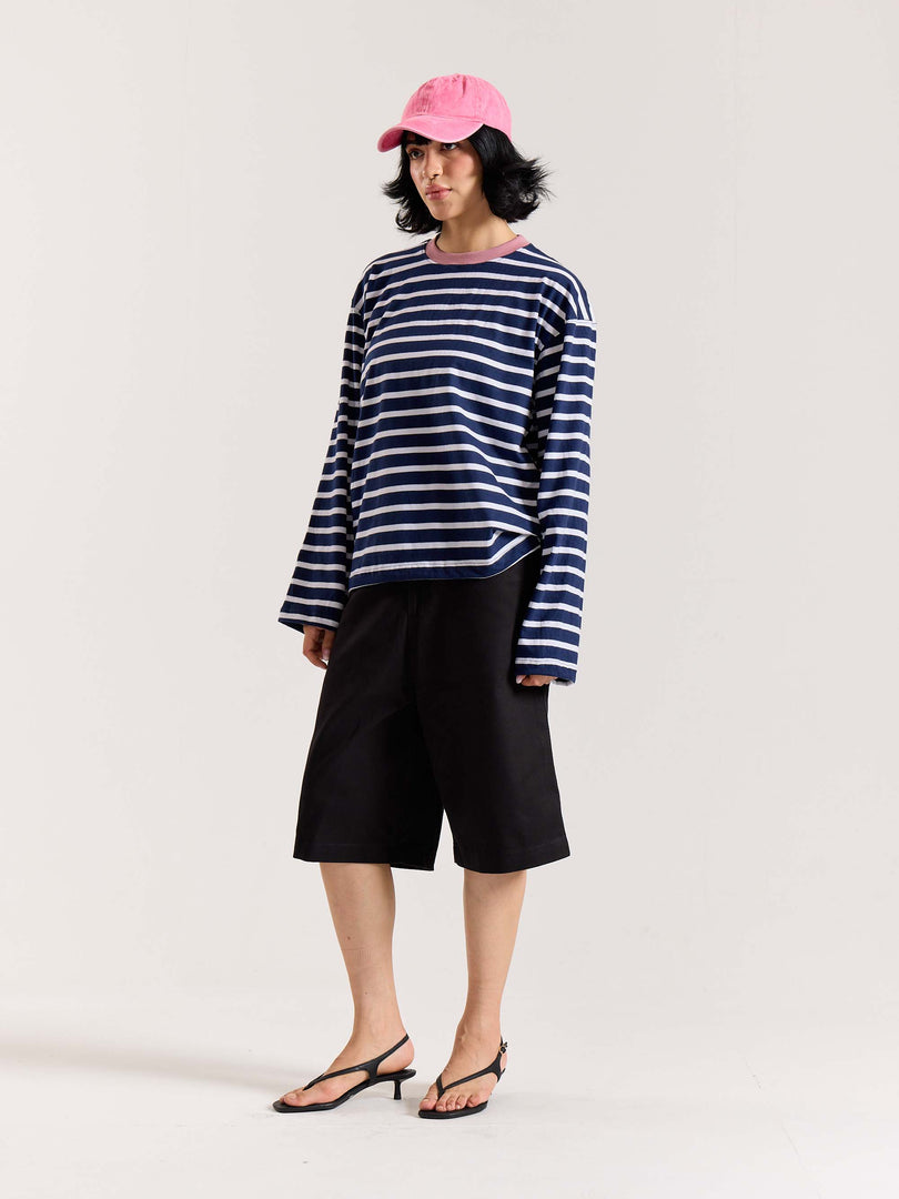 Deep Navy & White Striped Loose Fit Cropped T-Shirt