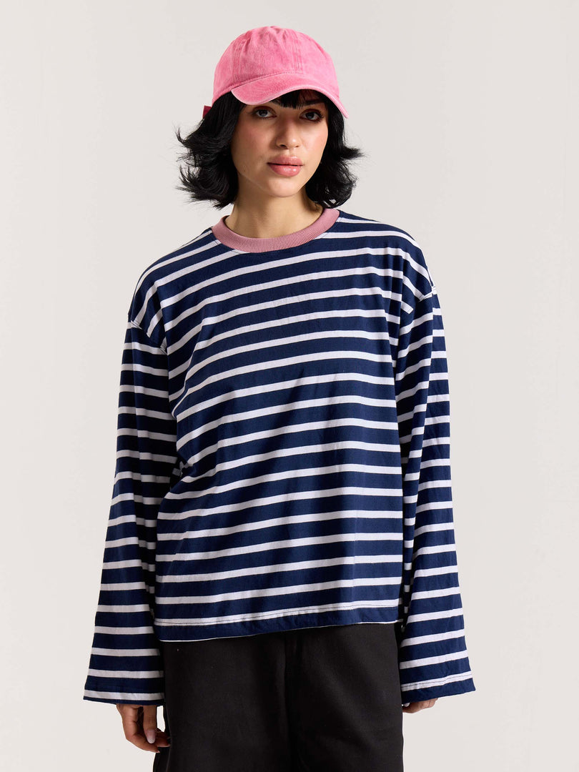 Deep Navy & White Striped Loose Fit Cropped T-Shirt