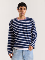 Load image into Gallery viewer, Deep Navy &amp; White Striped Loose Fit Cropped T-Shirt