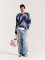 Load image into Gallery viewer, Deep Navy &amp; White Striped Loose Fit Cropped T-Shirt