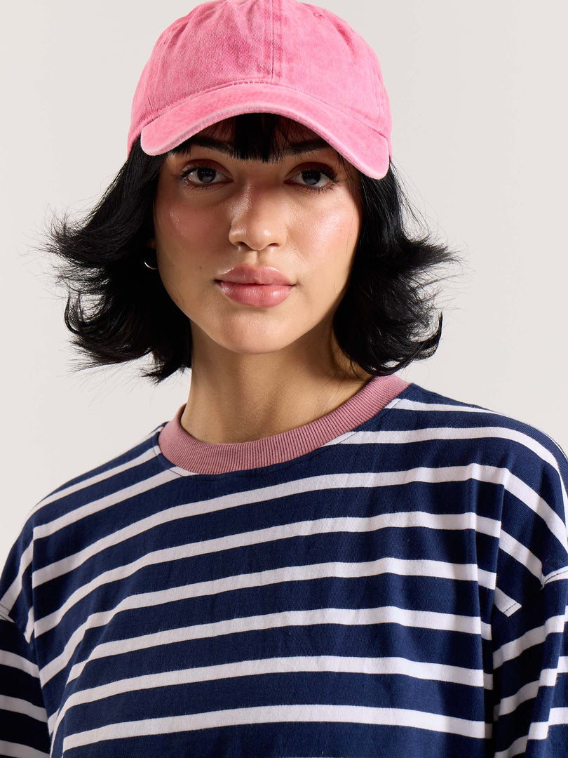 Deep Navy & White Striped Loose Fit Cropped T-Shirt