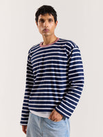 Load image into Gallery viewer, Deep Navy &amp; White Striped Loose Fit Cropped T-Shirt