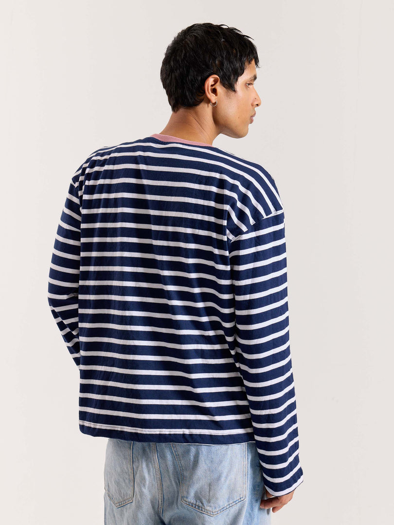Deep Navy & White Striped Loose Fit Cropped T-Shirt