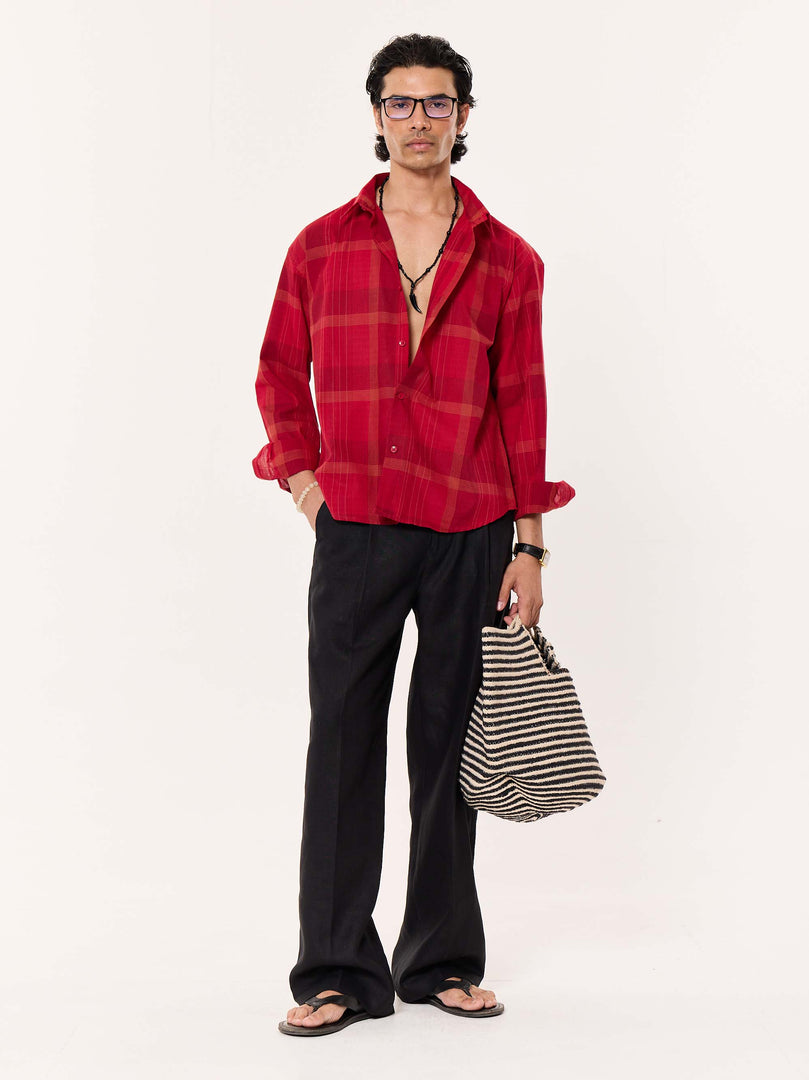 Deep Red Windowpane Cropped Shirt