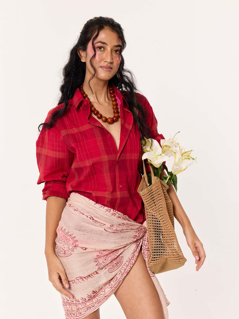 Deep Red Windowpane Cropped Shirt