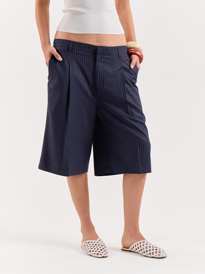 Denim Blue Pinstriped Trouser Shorts