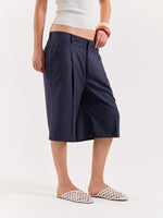 Load image into Gallery viewer, Denim Blue Pinstriped Trouser Shorts