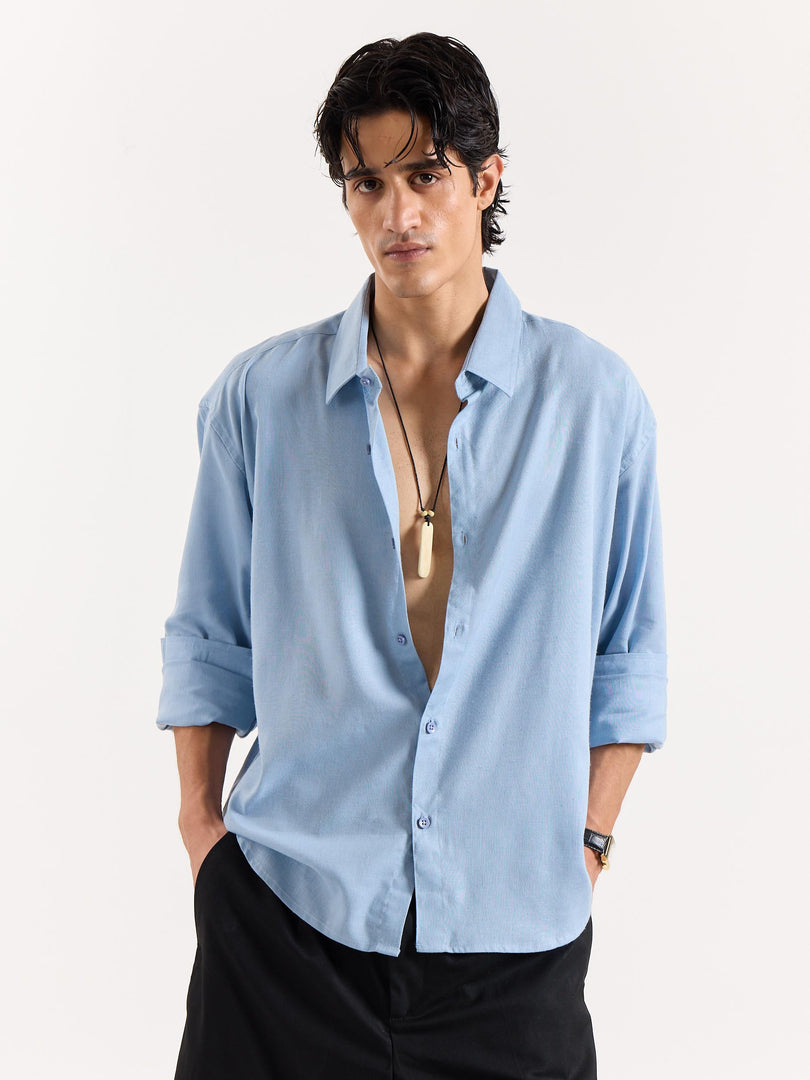 Dusty Blue Linen Cropped Shirt