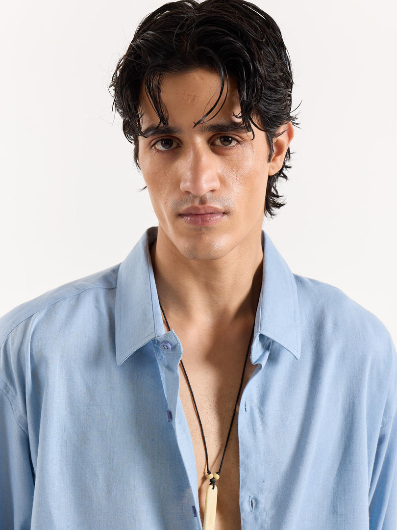 Dusty Blue Linen Cropped Shirt