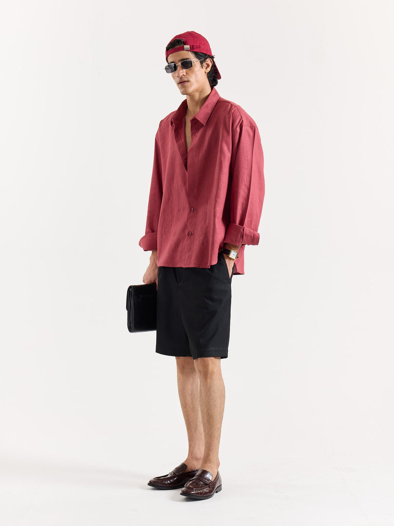 Dusty Red Linen Cropped Shirt