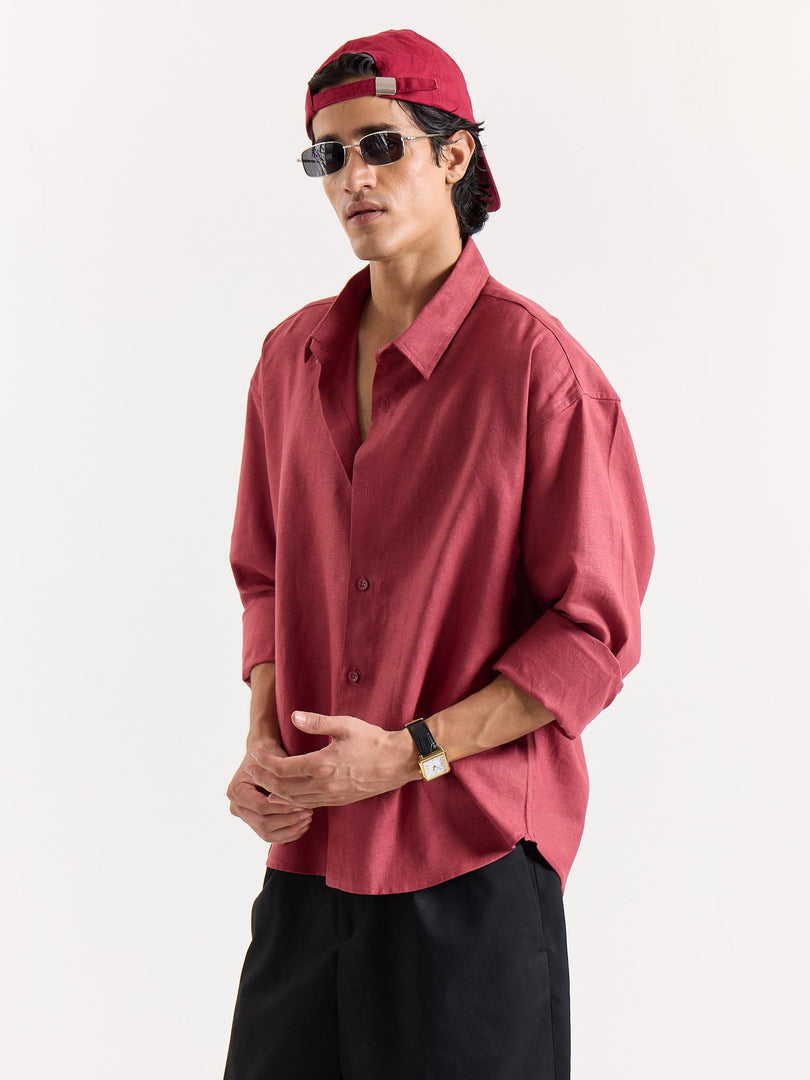 Dusty Red Linen Cropped Shirt