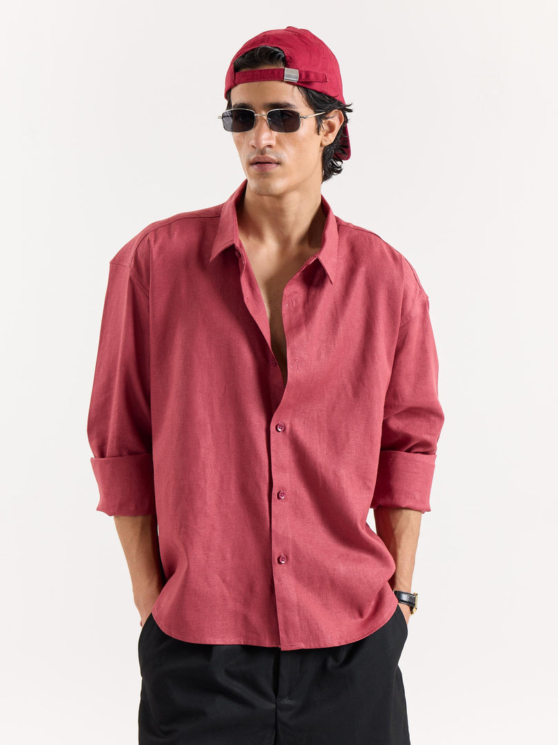 Dusty Red Linen Cropped Shirt
