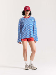 Electric Blue Striped Loose Fit Cropped T-Shirt