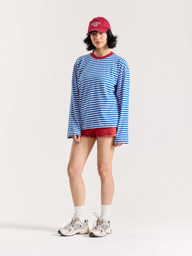 Electric Blue Striped Loose Fit Cropped T-Shirt