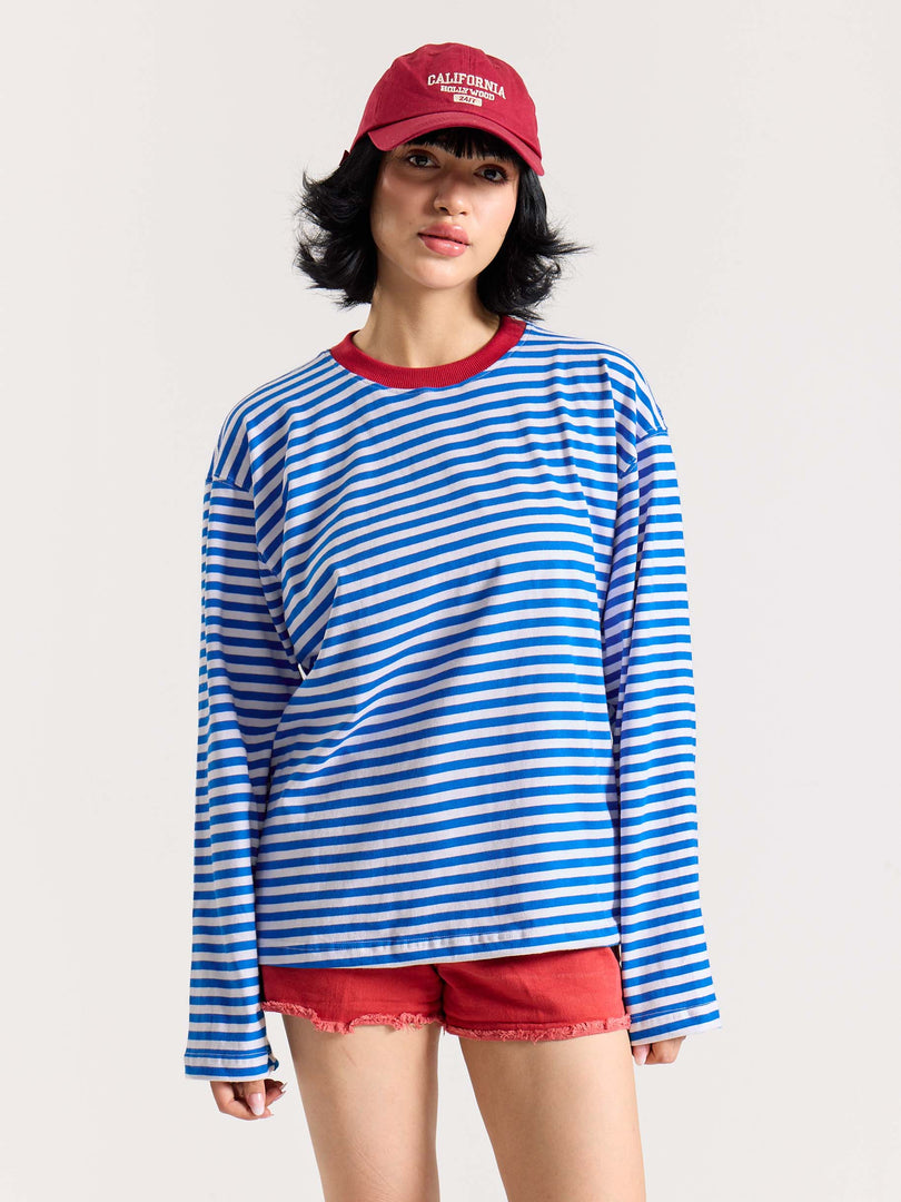 Electric Blue Striped Loose Fit Cropped T-Shirt