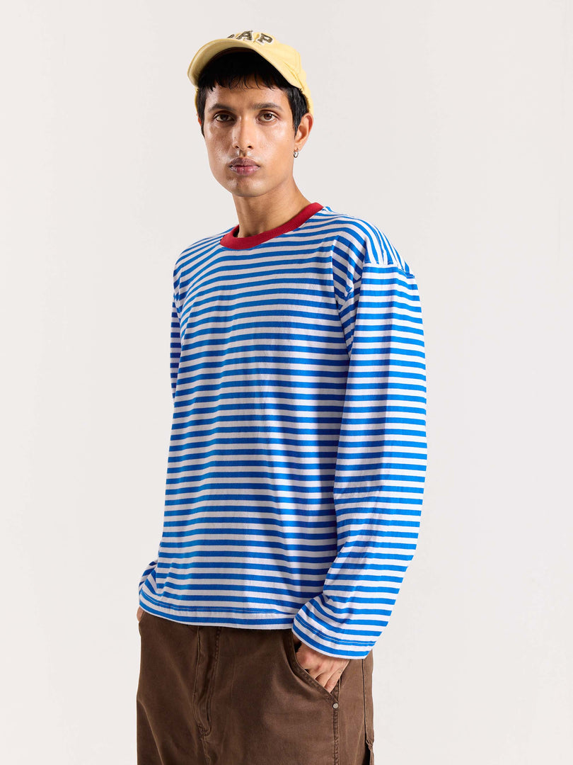 Electric Blue Striped Loose Fit Cropped T-Shirt