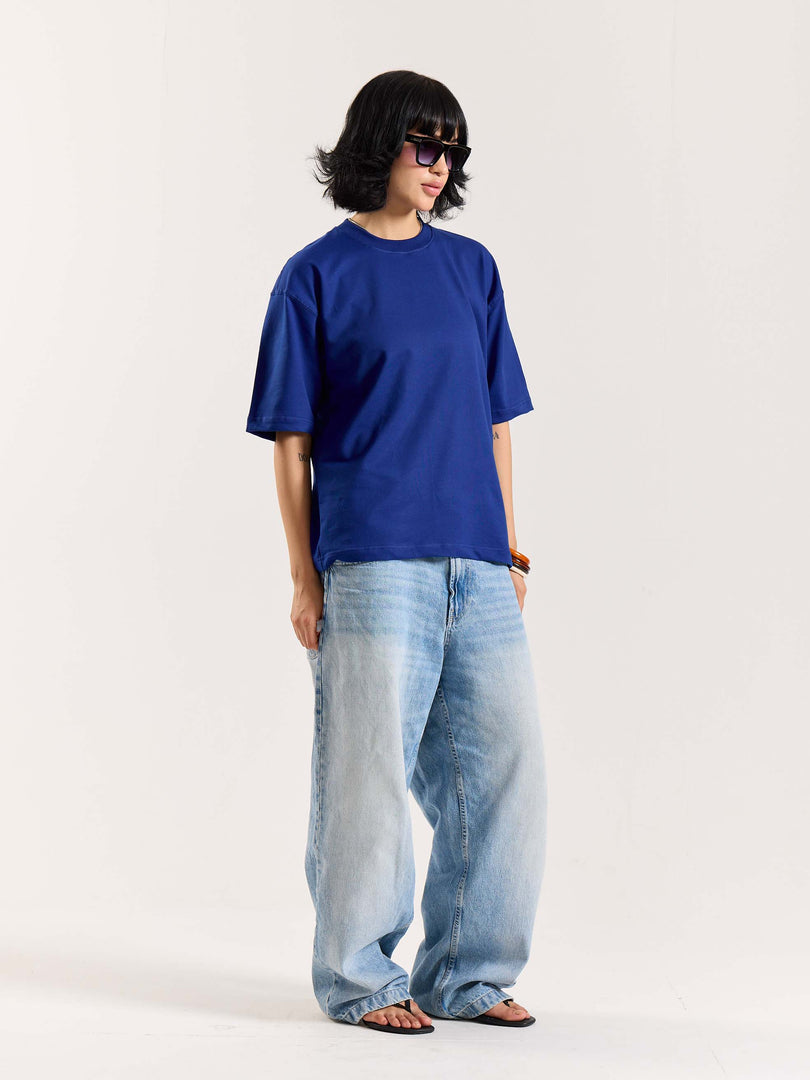 Electric Blue Loose Fit Cropped T-Shirt
