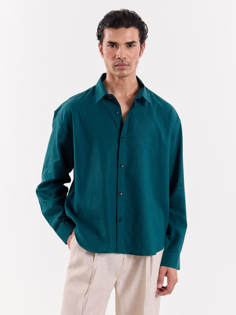 Emerald Green Linen Cropped Shirt