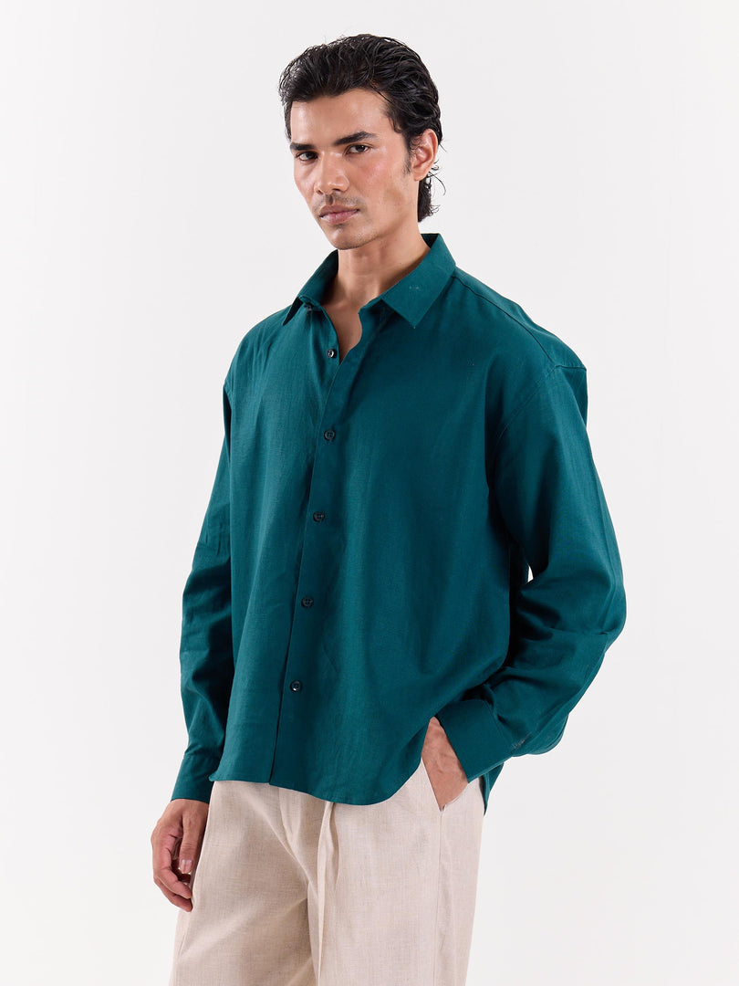 Emerald Green Linen Cropped Shirt