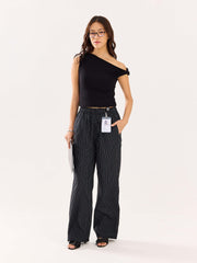 Black Pinstriped Poplin Pull-on Pants