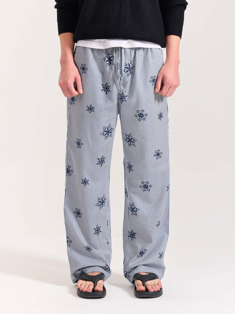 Dark Blue Striped Snowflake Pull-on Pants