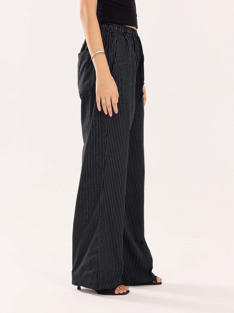 Black Pinstriped Poplin Pull-on Pants