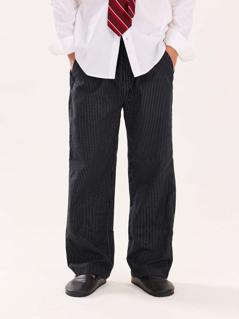 Black Pinstriped Poplin Pull-on Pants