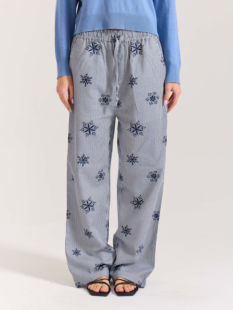 Dark Blue Striped Snowflake Pull-on Pants