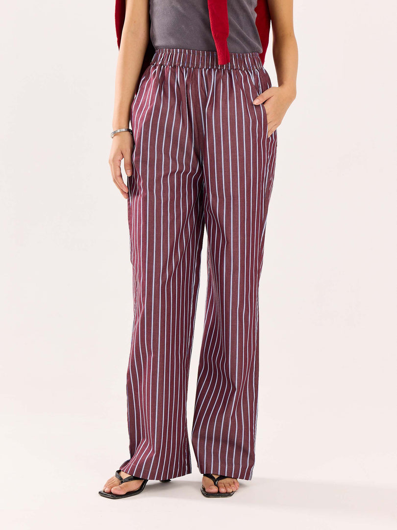 Burgundy Striped Poplin Pull-on Pants