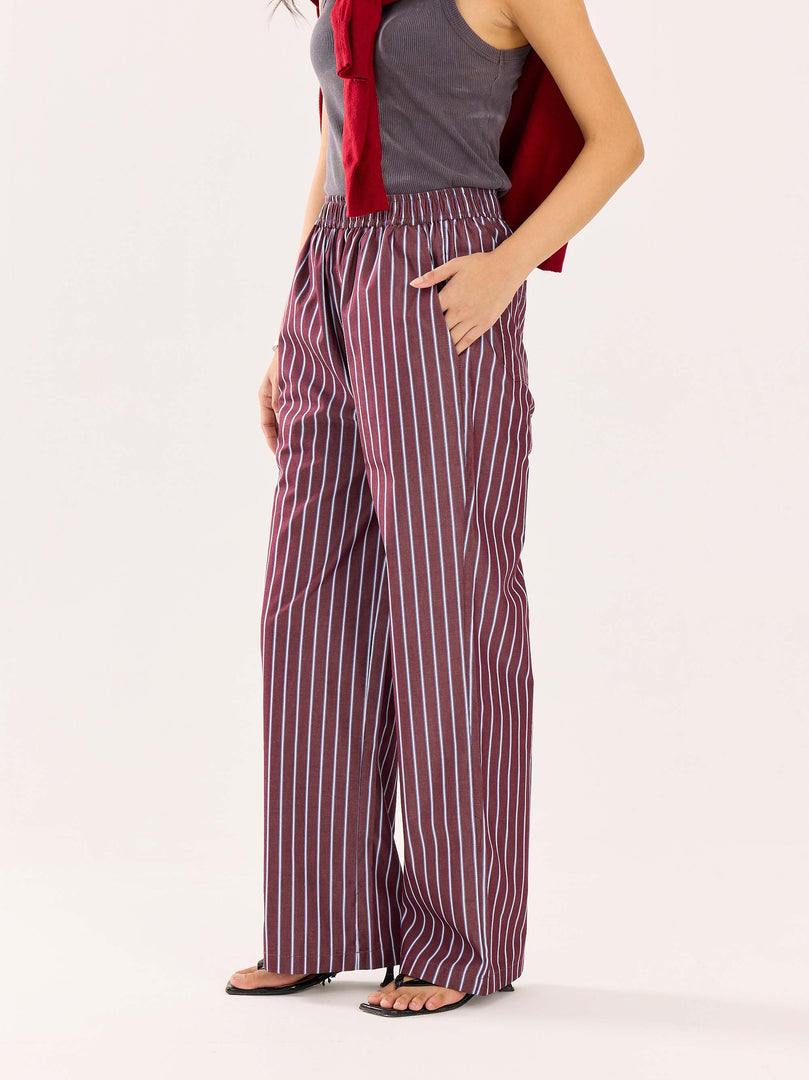 Burgundy Striped Poplin Pull-on Pants