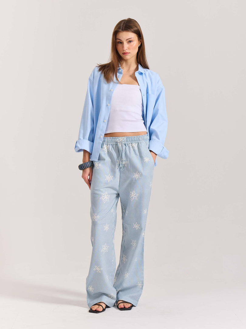 Light Blue Striped Snowflake Pull-on Pants
