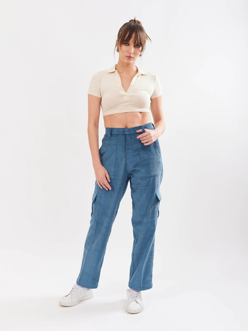 Teal Blue Corduroy Cargo Trousers