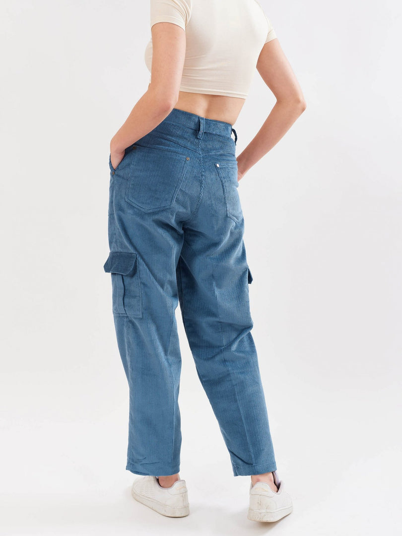 Teal Blue Corduroy Cargo Trousers