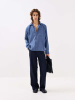 Load image into Gallery viewer, Dusty Blue Gauze Holiday Shirt
