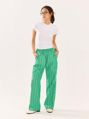 Green Striped Poplin Pull-on Pants