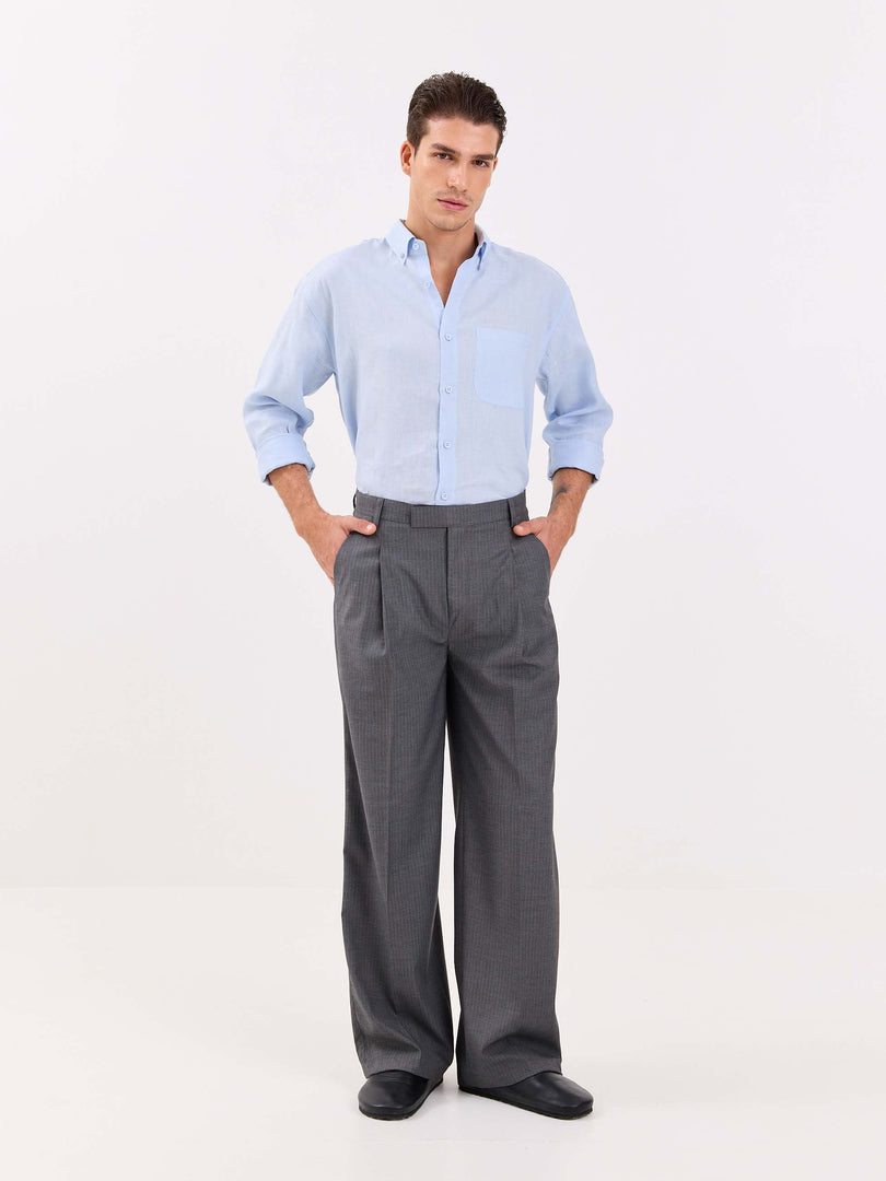 Grey Pinstriped Baggy Fit Trousers