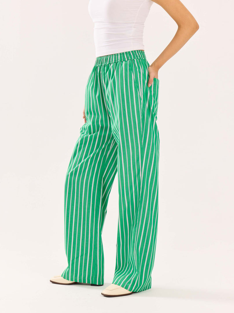 Green Striped Poplin Pull-on Pants