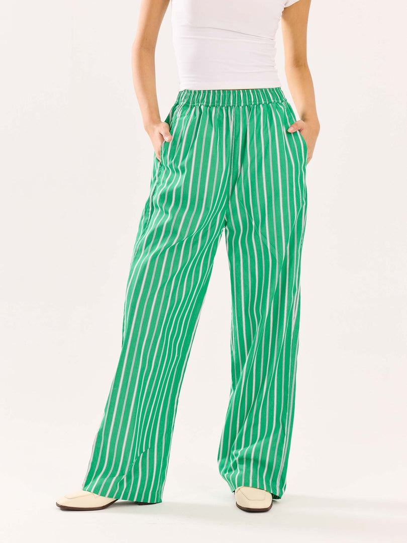 Green Striped Poplin Pull-on Pants