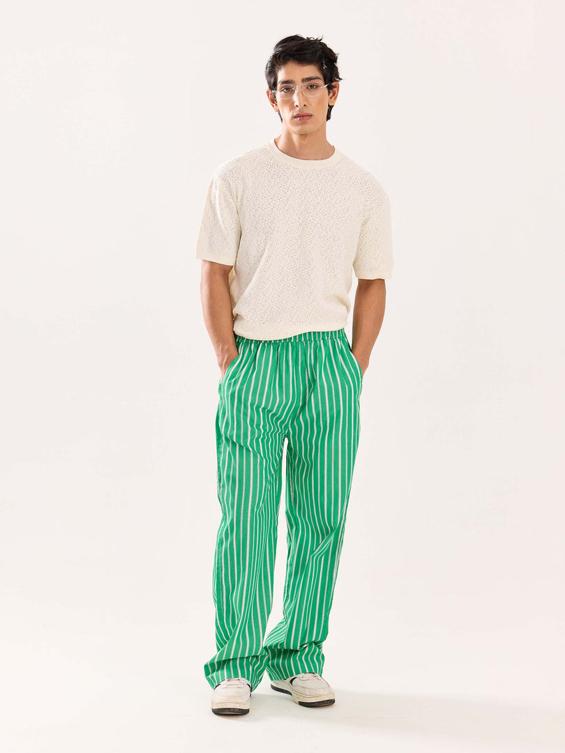 Green Striped Poplin Pull-on Pants