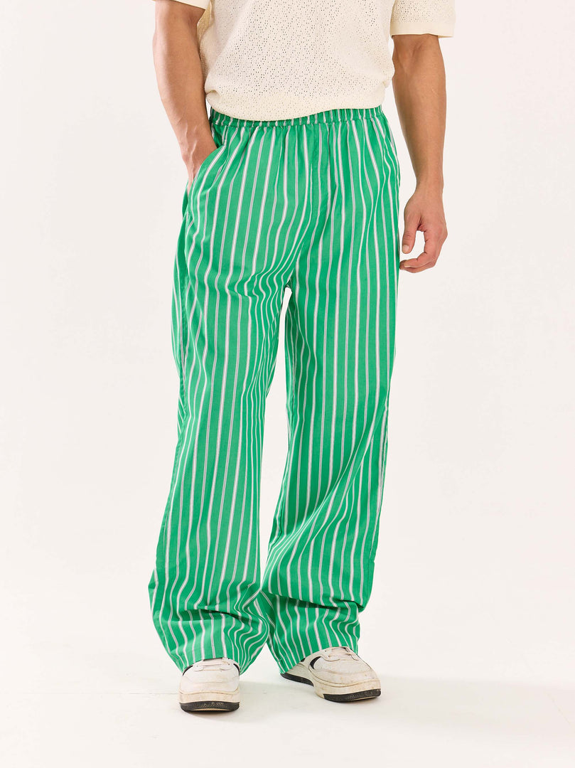 Green Striped Poplin Pull-on Pants