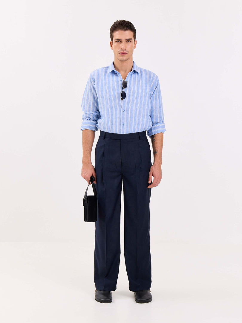 Dark Blue Pinstriped Baggy Fit Trousers
