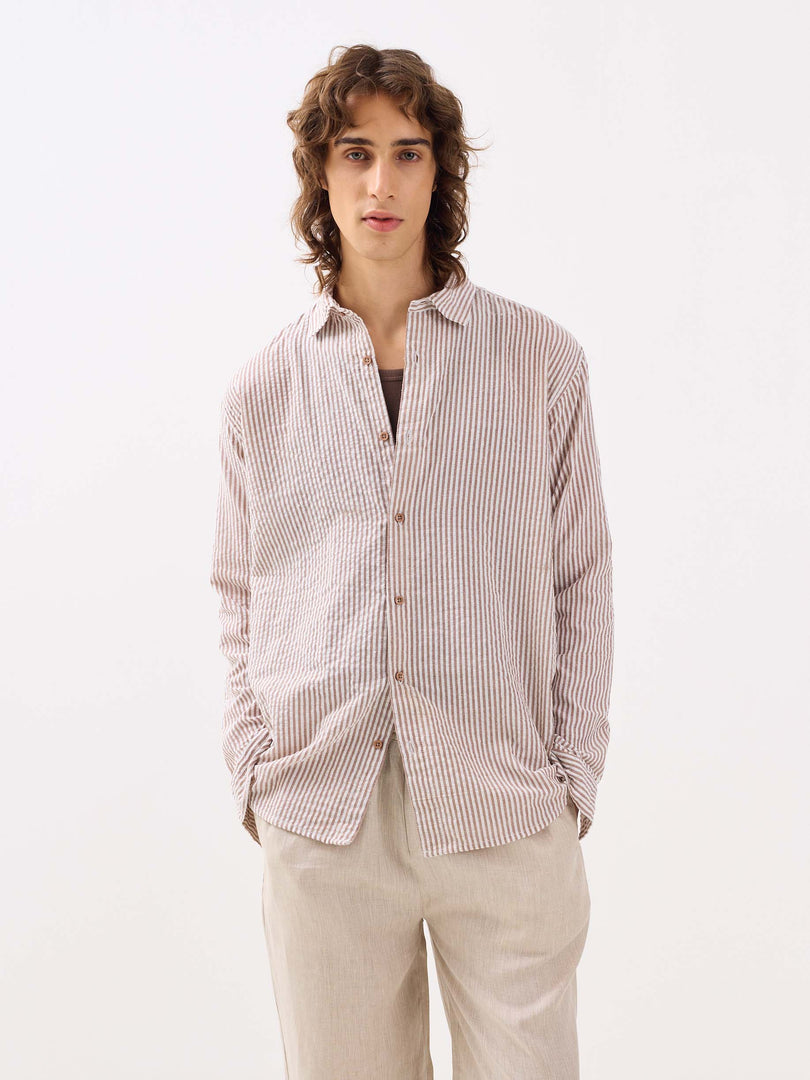 Brown Striped Seersucker Shirt