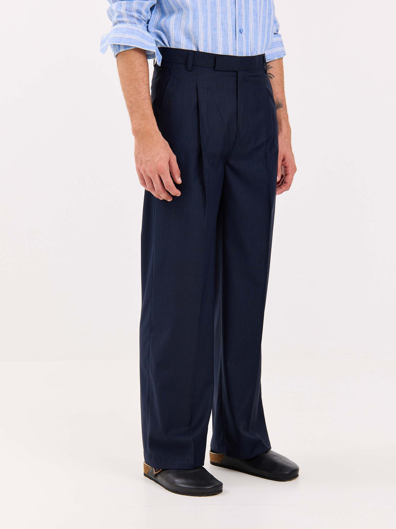 Dark Blue Pinstriped Baggy Fit Trousers