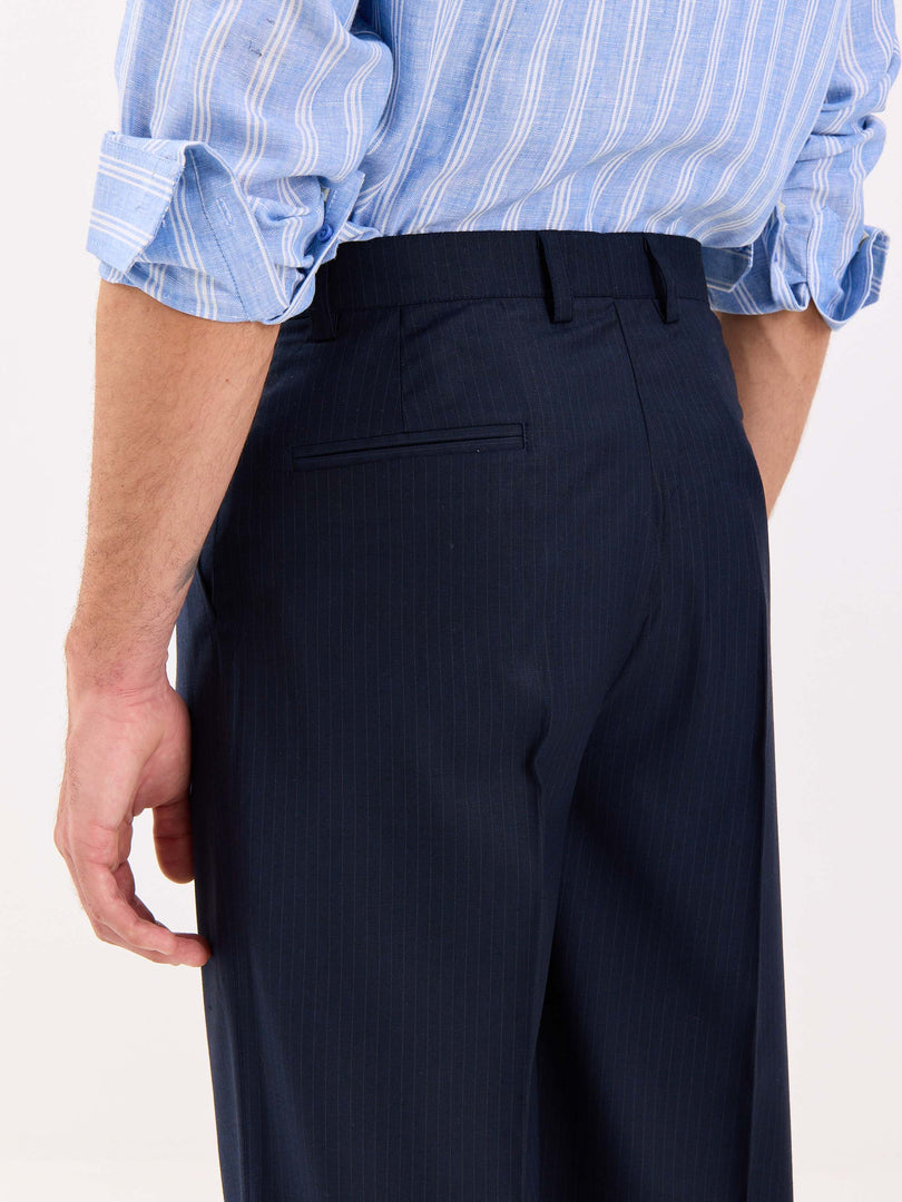 Dark Blue Pinstriped Baggy Fit Trousers